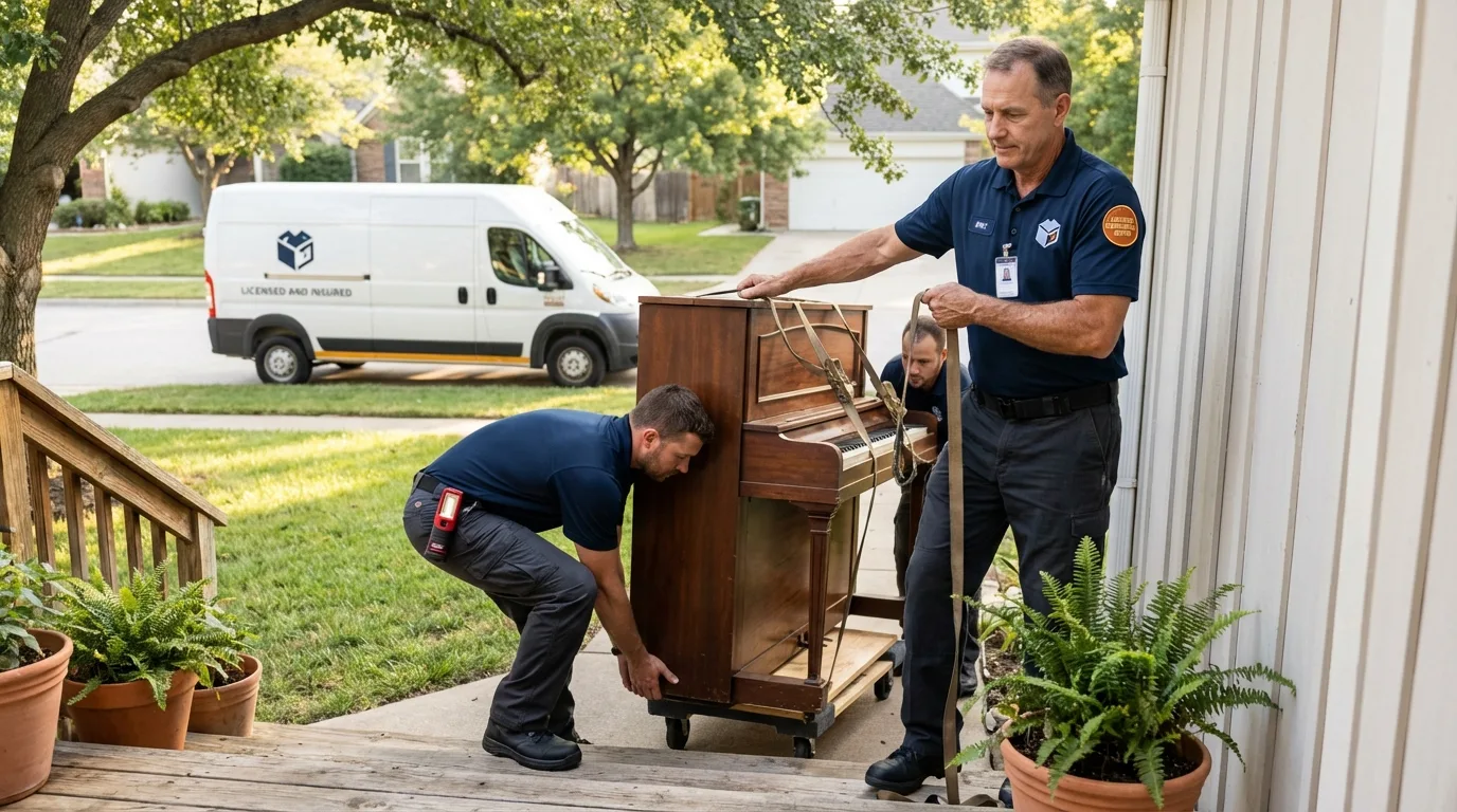 Licensed piano movers securing grand piano in Columbia Falls, MT