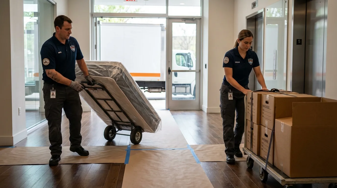 Professional apartment movers loading elevator in Columbia Falls, MT