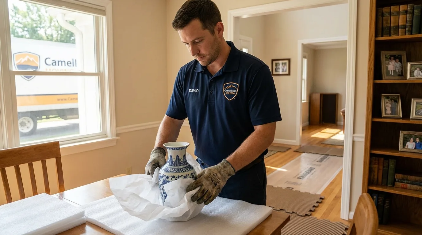 Professional crew carefully wrapping antique vase for senior downsizing move in Columbia Falls, MT
